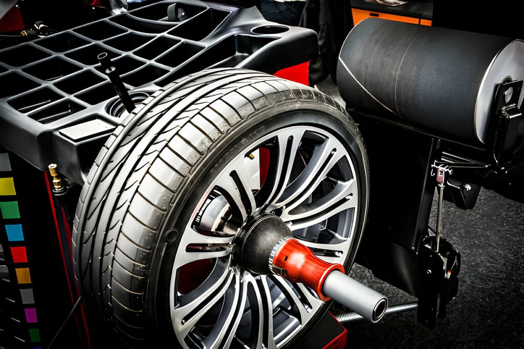 Alloy car wheel mounted on a wheel balancing machine in a garage