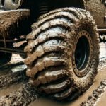Mud-covered off-road tire
