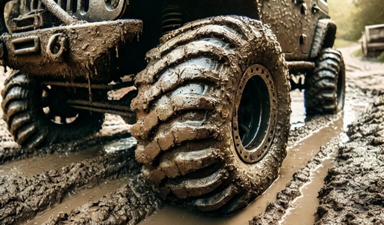 Off-road vehicle with mud tires driving through a muddy trail