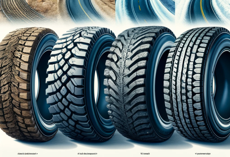 Different tire tread patterns for dry, wet, snow and off-road conditions