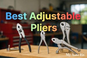 Collection of the best adjustable pliers including groove joint, V-jaw, and mini water pump styles arranged on a wooden workbench in a bright American garage. Discover top-rated adjustable pliers with expert reviews, buying tips, and real-world performance from My Auto Fix.