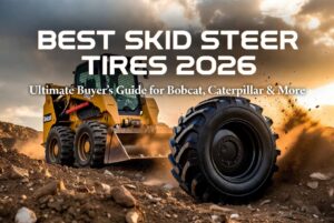 Best skid steer tires 2026 - yellow Bobcat skid steer loader digging dirt with large heavy duty black tire in foreground