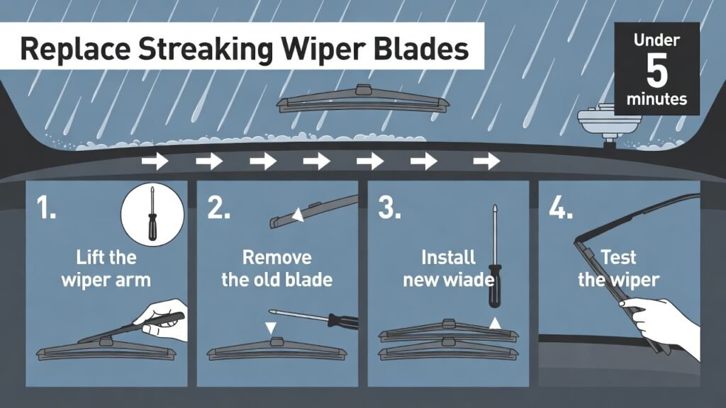 Infographic guide showing 4 simple steps to replace streaking windshield wiper blades in under 5 minutes: lift wiper arm, remove old blade, install new blade, and test โ with illustrations, icons, and rainy windshield background