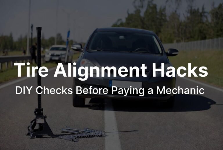Car parked on a roadside with a floor jack, socket set, and tools in the foreground, overlaid with blog title: "Tire Alignment Hacks: DIY Checks Before Paying a Mechanic" – practical home inspection guide for wheel alignment issues
