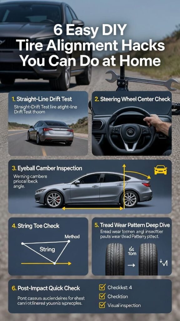 Long infographic illustrating 6 easy DIY tire alignment checks at home: Straight-Line Drift Test, Steering Wheel Center Check, Eyeball Camber Inspection, String Toe Check, Tread Wear Pattern Deep Dive, and Post-Impact Quick Check, with car illustrations, tool icons, string diagram, tire tread examples, and roadside setup background