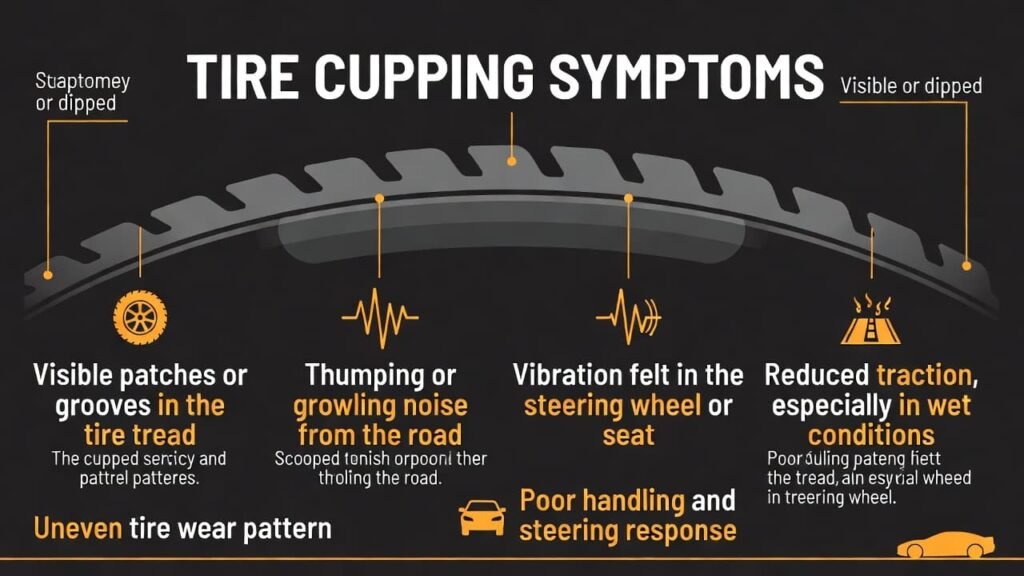Infographic illustrating the main symptoms of tire cupping: visible scooped or dipped tread patches, thumping or growling road noise, vibration in steering wheel or seat, reduced traction in wet conditions, and poor handling, with icons and a tire tread diagram