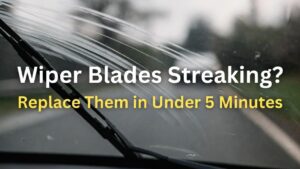 Windshield with visible streaking and water trails from worn wiper blades in rainy conditions, overlaid with blog title: "Streaking wiper blades? Replace Them in Under 5 Minutes"
